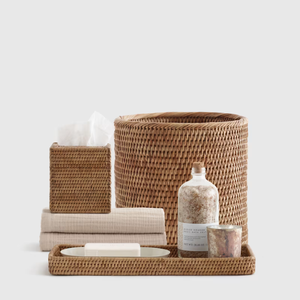 Juego de accesorios de baño de ratán tejido a mano, decoración de baño de mimbre ecológica, estilo bohemio rústico hecho a mano - Product Image 1