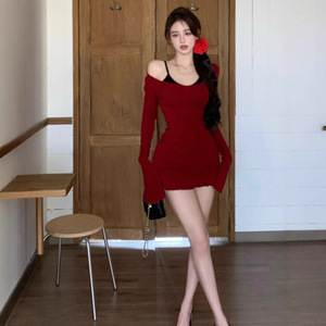 Red Bell Sleeve U Neck Dress Tight Waist Solid Color Party Casual Dress - Product Image 5