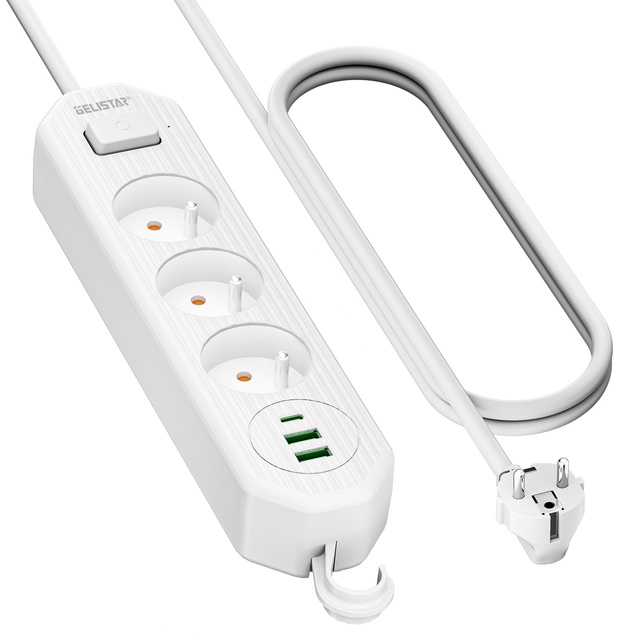 French Standard 3 Ways 2USB and 1TYPE-C White Electric Extension Socket EU Plug Power Strip