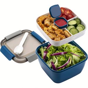 BPA-Free 3-compartments Bento Lunch Box 2-layer <b>Microwave</b> Dishwasher Safe Plastic Salad Container Box for Meal Prep - Product Image 3