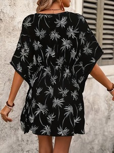 فستان نسائي جديد بأكمام قصيرة وياقة على شكل V مع طباعة وخصر مطاطي وتصميم ضيق عصري بطول متوسط متوفر في المخزون - Product Image 2