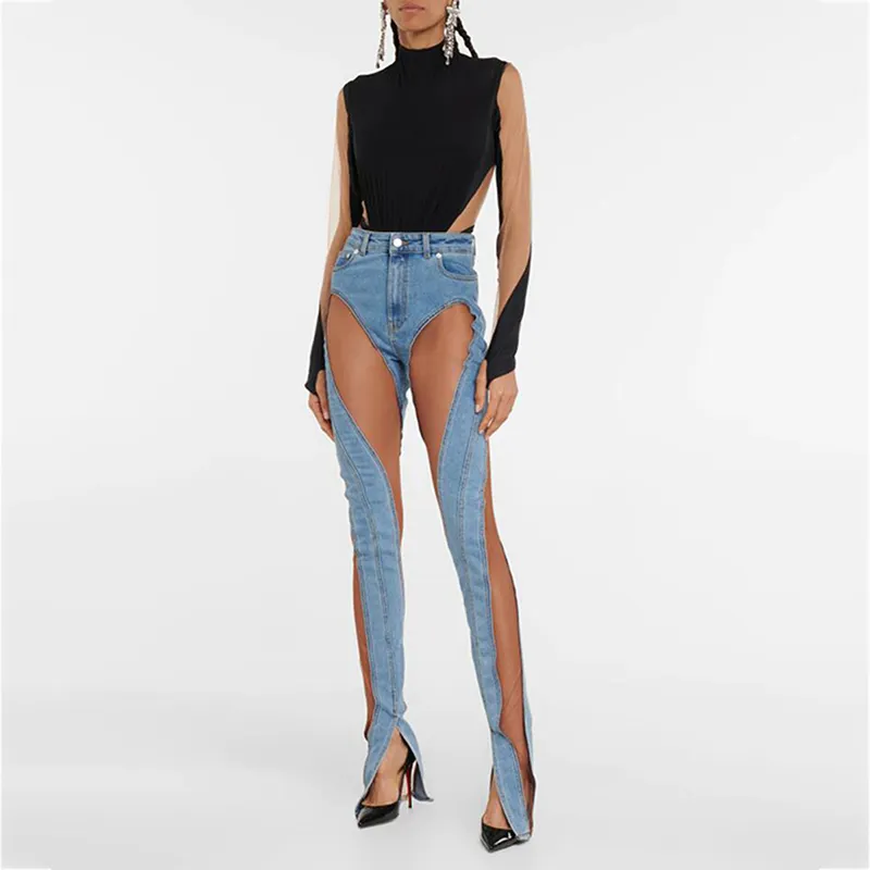 OEM new fashion mesh-paneled slim leg sexy skinny slit denim jeans for women