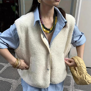 Cropped Lamb Wool Sleeveless <strong>Gilet</strong> Solid Color for <strong>Women</strong> V Neck Vintage Windproof Warm <strong>Fleece</strong> Waistcoat Casual Outerwear Vest - Product Image 1