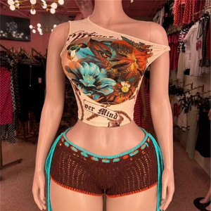 Jiubaju Nuovo Completo Estivo da Donna in Maglia Traforata con Top Corto Monospalla Slim e Shorts, Set Due Pezzi per la Spiaggia - Product Image 5