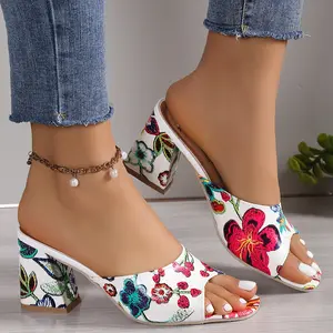 BUSY GIRL XY4104 black white sandals for women shoes size 43 summer fashion 90s flowers print mules thick heels women slippers