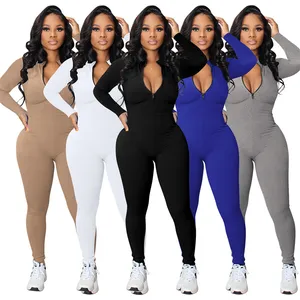 plus size ladies white zip long sleeve high stretch tight skinny solid one piece bodycon gym yoga rompers and jumpsuit for women