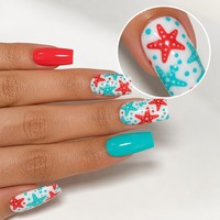 Uñas postizas al por mayor con diseño de estrella de mar, forma ataúd/cuadrada, color coral y turquesa, para playa, marca privada, uñas artificiales al por mayor