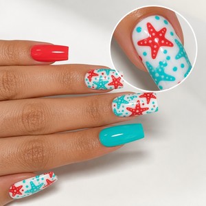 <span class=keywords><strong>Uñas</strong></span> postizas al por mayor con diseño de estrella de mar, forma ataúd/cuadrada, color <span class=keywords><strong>coral</strong></span> y turquesa, para playa, marca privada, <span class=keywords><strong>uñas</strong></span> artificiales al por mayor - Product Image 1
