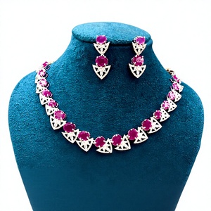 Elegant Ruby Necklace and Earring <b>Set</b> <b>Silver</b> Plated Alloy Geometric Design Women's Wedding Jewelry Classic Style - Product Image 3