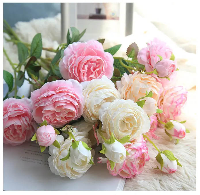 Buquê de noiva de flores artificiais de peônia de 3 cabeças, vaso de alta qualidade com toque real, decoração em cores, ideal para decoração de interiores, ideal para venda em 2024.
