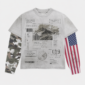 Custom 300Gsm Double Layer Camo Sleeve T <b>Shirt</b> 100% Cotton Flag Graphic Print Boxy Fit Heavyweight Streetwear Men T <b>Shirt</b> - Product Image 1