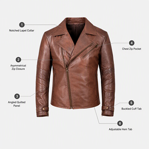 <b>Men's</b> Genuine Leather Asymmetrical Zip Biker <b>Jacket</b> Vintage Brown Motorcycle Coat Quilted Sleeve Moto Outerwear - Product Image 4