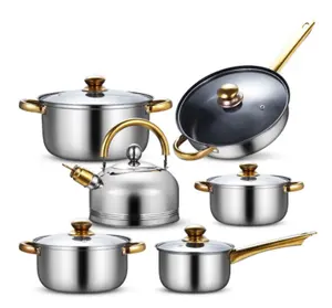12pcs Household Nonstick Cookware Stainless Steel Gold Handle Cookware Set
