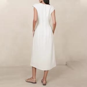 Vestido Midi de Lino 100% Personalizado para Mujer, Ecológico, Transpirable, Estilo Bohemio Informal con Parches, Color Sólido para Primavera - Product Image 3