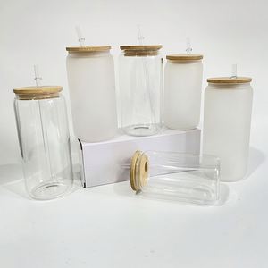 25 Pack 16oz Blank Sublimation clear Beer Can Glass <b>Cup</b> with Bamboo <b>Lid</b> <b>and</b> <b>Straw</b> Suitable for Hot Printing - Product Image 1