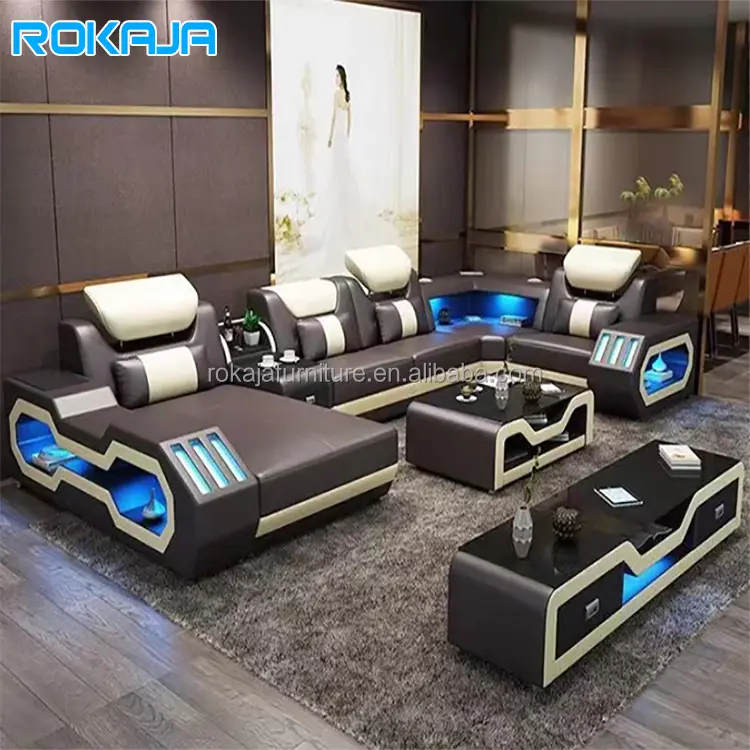 أثاث غرفة معيشة عالي الجودة مع أضواء ليد أريكة من الجلد على شكل حرف U أريكة كبيرة الحجم 7 مقاعد