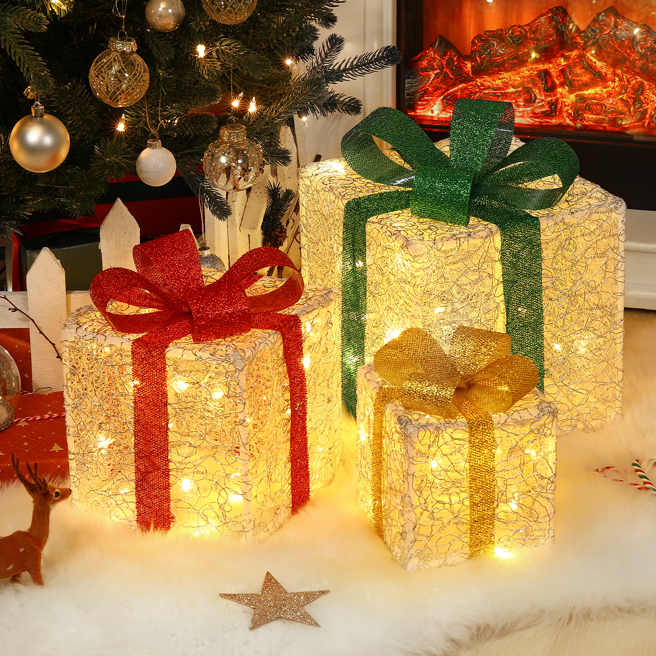 3 Scatole Regalo LED Bianche Natalizie Con 60 Luci E 8 Effetti – Decori Da Interno/Esterno Con Cavo Da 5m