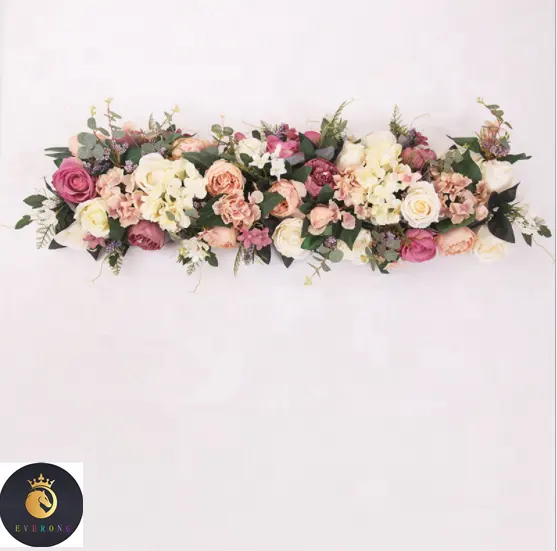 結婚式のテーブルステージパーティーの装飾の背景のためのオリーブの葉の花の列と卸売人工シルクローズアジサイ