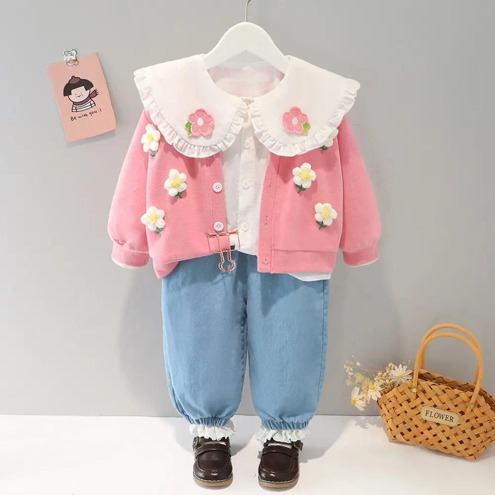 Groothandel Meisjes Kleding Sets Kids Wear Met Bloemenpatroon Trui Shirt Jeans Meisjes Jassen & Outwears