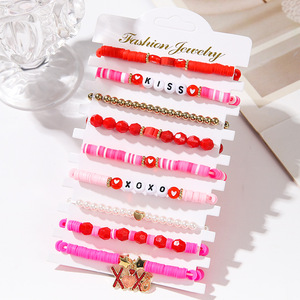 Valentine's Day <b>Bracelet</b> Set Pearl Heart <b>Couple</b> Stacking XOXO Polymer Clay Jewelry - Product Image 3