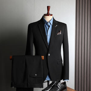 Traje DE BODA ajustado de <span class=keywords><strong>tres</strong></span> <span class=keywords><strong>piezas</strong></span> para hombre, rayas azules, negocios, Formal, cremallera, botón de un solo pecho, estambre de moscas, <span class=keywords><strong>Terno</strong></span> Masculino - Product Image 5