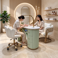 Table de manucure professionnelle avec aspirateur de poussière, plateau en marbre blanc cannelé bleu, finition dorée, mobilier de salon de manucure avec chaise, OEM