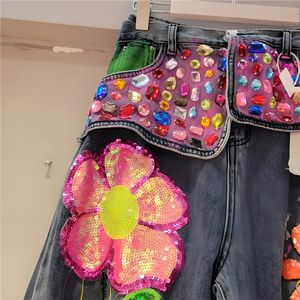 Jeans taille haute uniques et élégants, décorations colorées, bijoux incrustés, paillettes, jeans déchirés, jeans <span class=keywords><strong>de</strong></span> rue, pantalon droit pour femmes - Product Image 2