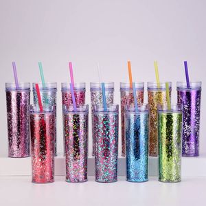 Gobelet en plastique transparent à paillettes double épaisseur 16oz, avec tube de succion droit créatif, résistant aux chutes, fourni directement par l'usine - Product Image 2