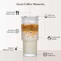 Gobelet en verre transparent réutilisable de 24 oz avec poignée, en verre borosilicate haute résistance sans plomb, épais, isolant thermiquement, à nervures antidérapantes