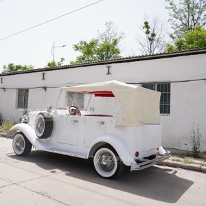 White Open Top Vintage Electric Car with Beige <b>Canvas</b> Soft Roof and Red Liner - Product Image 5