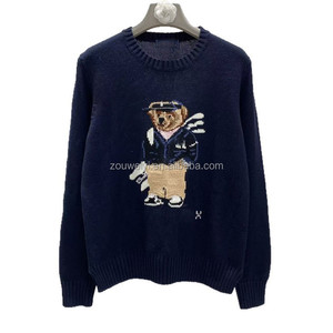Maglione in Cotone Raff Polo Ral RL Blu Scuro Navy con Orso, Lavorazione Jacquard, Collo a Maglia, Maniche Lunghe - Product Image 3