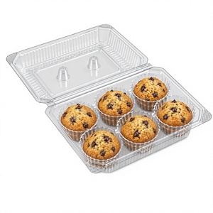 Boîte à charnière rectangulaire en PET transparente, inviolable, de qualité alimentaire, capacité 6 pièces, pour muffins, gamme spécialisée, vente en gros - Product Image 1