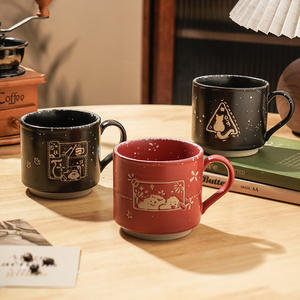 Mug en céramique motif chat mignon, design dessin animé, compatible micro-ondes, rouge et noir, pour café, thé, petit-déjeuner, porridge, pour couple - Product Image 1