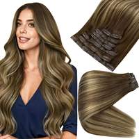Extensiones de Cabello Virgen 12A, Lisas y Sedosas, con Clip, Cabello Vietnamita Natural, Reflejos Marrón Claro, Mechones Rubios Miel