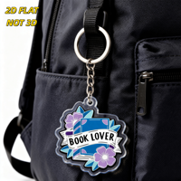 Porte-clés en acrylique pour les amoureux des livres, Livre bleu avec fleurs violettes et bannière, Breloque à bord transparent, Anneau métallique + Chaîne, pour clés ou fermeture éclair de sac