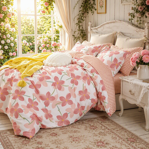 Parure de lit en coton Garden Bloom motif floral rose et vichy pêche, en stock en Pologne, pour la vente en gros et le dropshipping UE, 3 pièces - Product Image 5