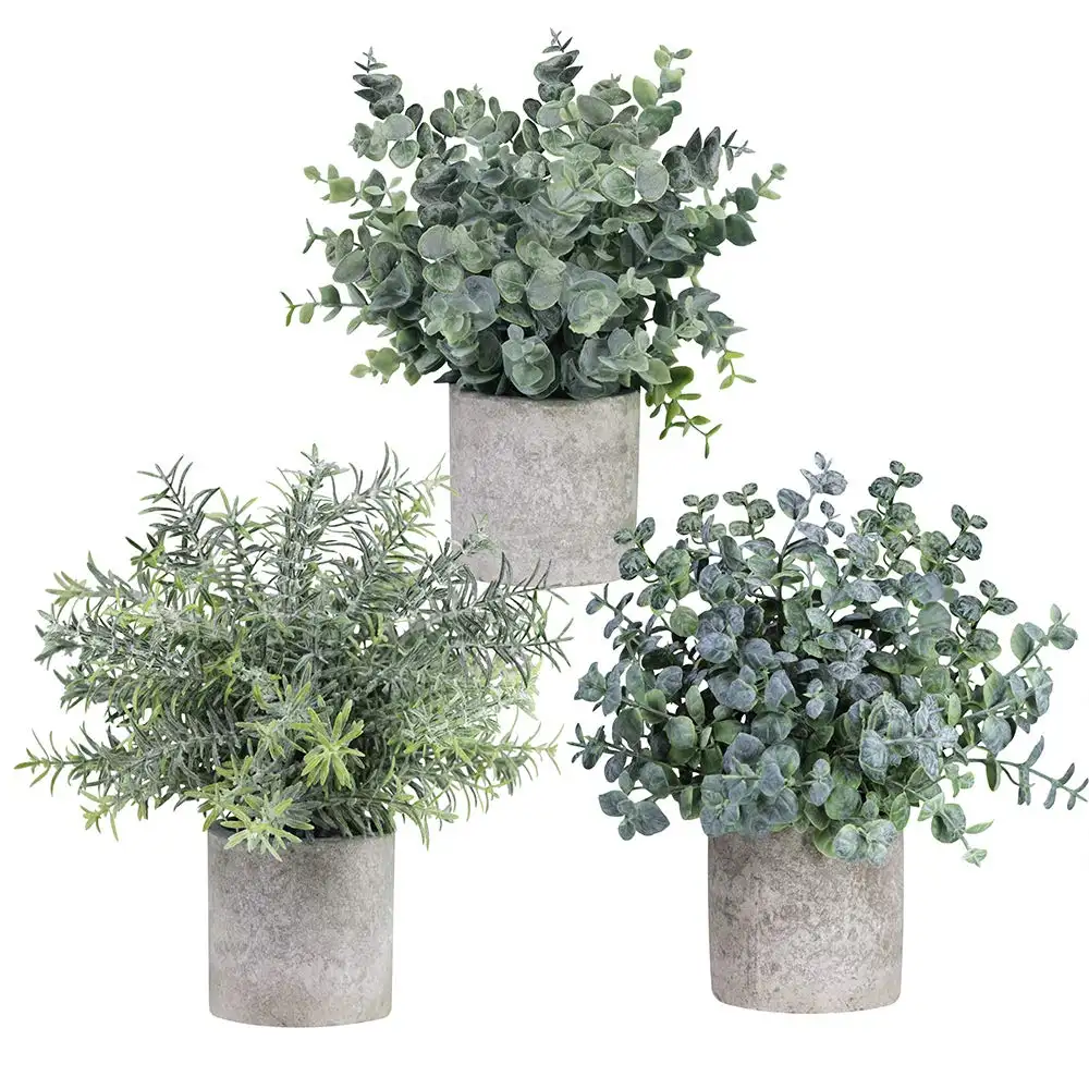 Amazon Hot Sale Set of 3 Mini Potted Craft Artificial Eucalyptus Plants Plastic Faux Green Rosemary Plant