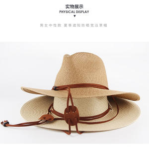 Topi Fedora tepi lebar jerami musim panas wanita dengan tali angin topi pantai pelindung matahari perjalanan topi koboi - Product Image 3