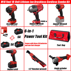 Kit d'outils électriques sans fil professionnel Milw 6 en 1 avec clé à chocs, meuleuse d'angle, perceuse, tournevis, batterie 5ah et sac - Product Image 1