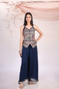 Titrit Women Ethnic Embroidered <b>Top</b> With Palazzo Pants Traditional <b>Indian</b> Pakistani Party Wear Floor Length Loose Fit - Product Image 1