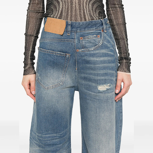 Pantaloni Jeans da Donna Streetwear Personalizzati Vestibilità Baggy Lavaggio Distrutto Asimmetrici a Vita Media <span class=keywords><strong>Sexy</strong></span> Patchwork Lavabili in Denim - Product Image 4