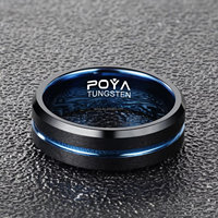 Bague de mariage unisexe POYA en tungstène noir brossé vintage de 8 mm avec rainure bleue, bords biseautés, taille ajustable, pour anniversaire ou cadeau