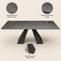 Table à manger moderne extensible en pierre frittée pour hôtel et restaurant, cadre métallique rectangulaire noir, commande en gros