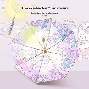 Parapluie pliable compact à double couche résistant au soleil, motif mignon, imperméable, avec poignée en bois, pour femmes, usage quotidien et cadeau - Product Image 4