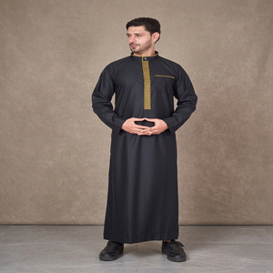 Túnica Negra de Manga Larga para Hombre, con Cuello Alto, Bordada, para Oración, Estilo Étnico de Oriente Medio, Poliéster, Ramadán - Product Image 3