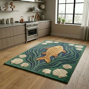Tapis en laine coloré motif poissons Koi avec éléments coquillages ivoire et surface tuftée à la main pour salon, chambre, chambre d'enfant et espace enfant - Product Image 6