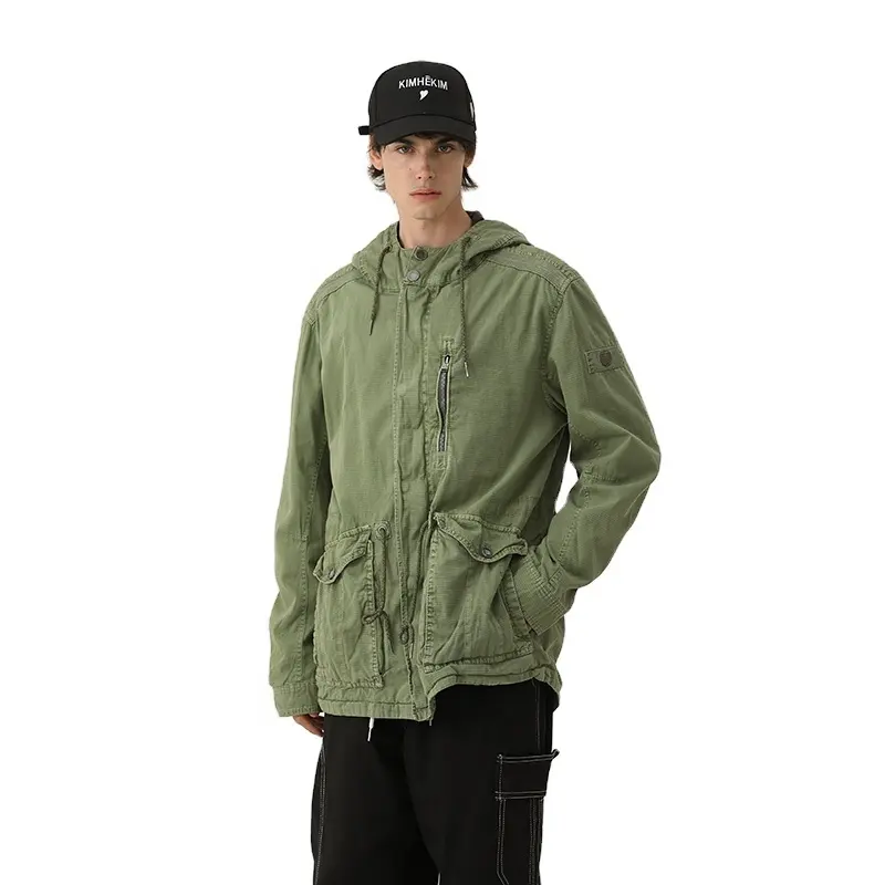 LLS Vintage Stock Low MOQ Tactical Pockets Green Full Zip Hooded Mens Parka Outdoor Windproof Washed Cotton Jacket For Men