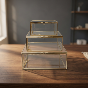 Glass Jewelry Box Set 3 Layer Rectangular Stacking With <b>Lid</b> Minimalist Design Hinged Cover Storage Boxes - Product Image 2