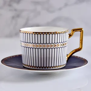 2020 new design Luxury Stripe Bone China Coffee cup Custom printed tea cups and saucers porcelain golden for Western Restaurant