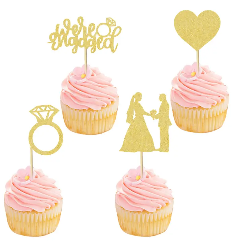 12Pcs 골드 반짝이 우리는 약혼 케이크 토퍼 다이아몬드 반지 사랑 심장 컵케익 토퍼 웨딩 테마 파티 케이크 장식